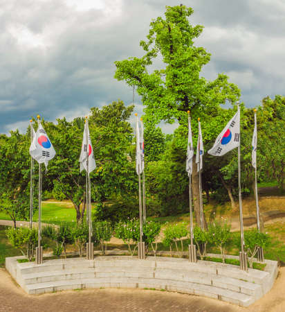 Many flags of South Korea on flagpolesの写真素材