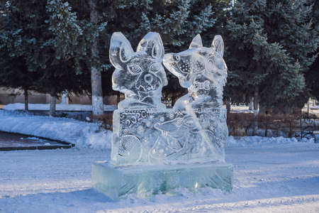 Ice statue made of ice on a frosty winter dayの写真素材
