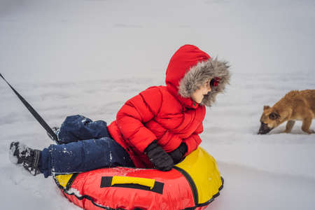 Child having fun on snow tube. Boy is riding a tubing. Winter fun for children