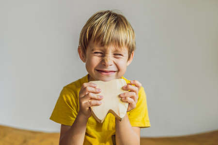 A boy, 6 years old, holds a box for milk teeth. Change of teethの写真素材