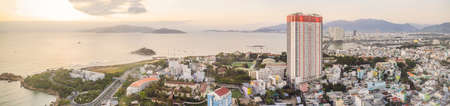 Aerial view over Nha Trang city, Vietnam taken from rooftop, extreme wide angleの写真素材