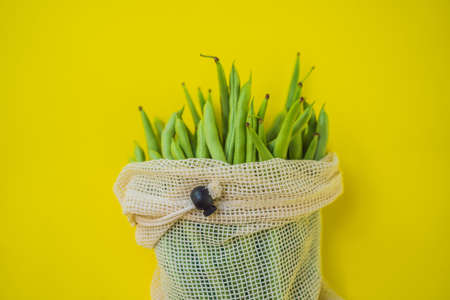 String beans in a reusable bag. Zero waste conceptの写真素材