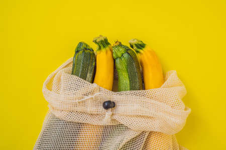 Zucchini in a reusable bag. Zero waste concept.の写真素材