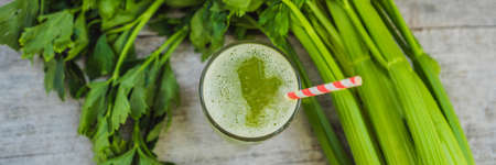 Celery Juice, Healthy Drink, bunch of celery on a wooden background. BANNER, LONG FORMATの写真素材