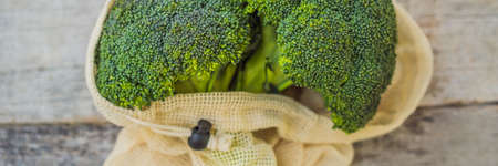 Broccoli in a reusable bag. Zero waste concept BANNER, LONG FORMAT