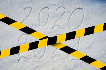 Covid-19 quarantine yellow tape. Coronavirus or 2019-nCov virus