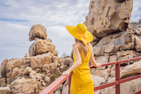 Traveler woman joy fun relaxing on wood bridge looking beautiful destination island. Tourism natural scenic landscape Asia, Tourist on summer holiday vacationの写真素材