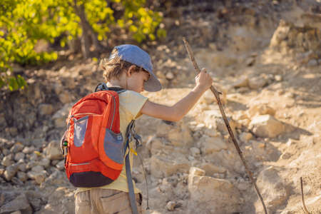 Boy local tourist goes on a local hike during quarantine COVID 19の写真素材