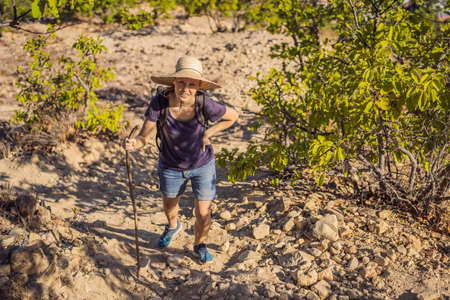 Woman local tourist goes on a local hike during quarantine COVID 19の写真素材