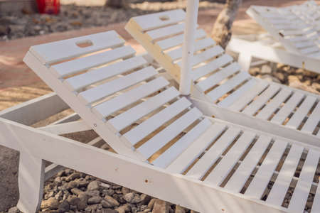 White sun loungers on the beach under palm trees