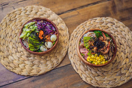 Poke bowl with shrimp, corn, avocado, ginger and mushroomsの写真素材