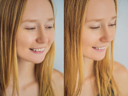 Comparison of female eyes before and after eyelash extensionの写真素材