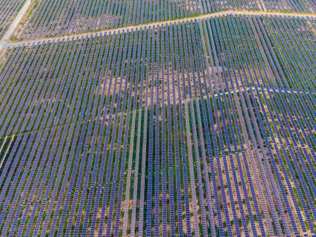 Aerial view of the solar panel in solar farm for green energy