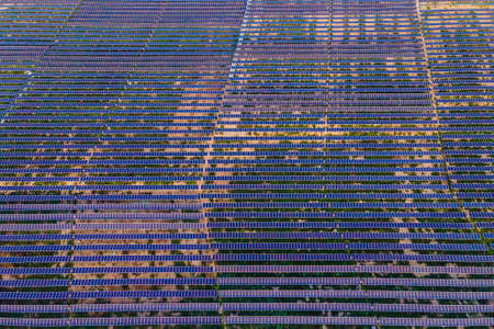 Aerial view of the solar panel in solar farm for green energyの写真素材