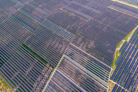 Aerial view of the solar panel in solar farm for green energy