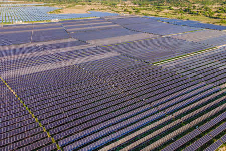 Aerial view of the solar panel in solar farm for green energy