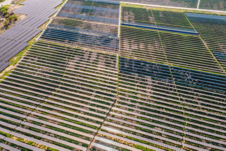 Aerial view of the solar panel in solar farm for green energy.