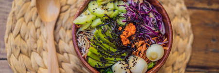 Poke bowl with shrimp, corn, avocado, ginger and mushrooms BANNER, LONG FORMATの写真素材