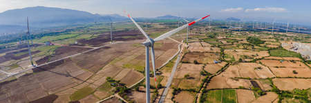 solar energy panels and wind turbine. Drone view BANNER, LONG FORMAT