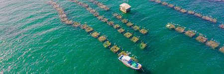 Lots of marine farms in a blue sea water. Sea farming concept BANNER, LONG FORMAT