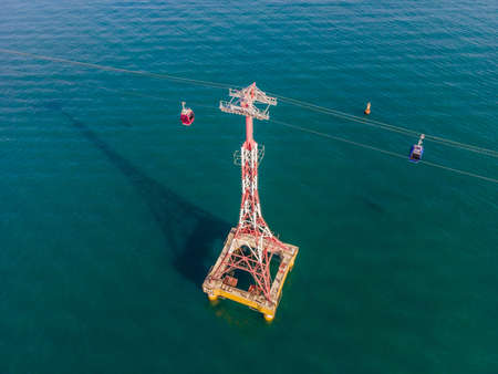The cable car at Nha Trang beach. Aerial view from droneの写真素材