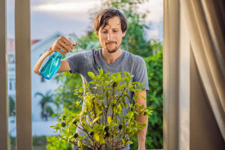 handsome stylish man gardening and watering at home
