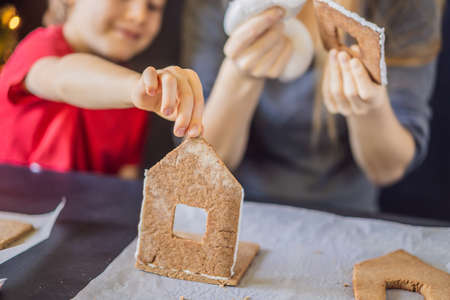 Young mother and kid making gingerbread house on Christmas eveの写真素材