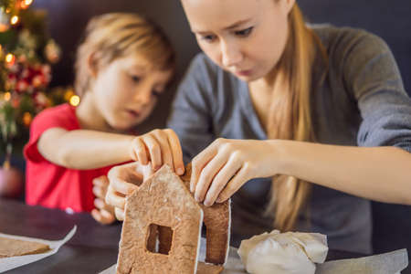 Young mother and kid making gingerbread house on Christmas eveの写真素材