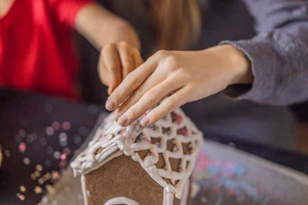 Young mother and kid making gingerbread house on Christmas eveの写真素材