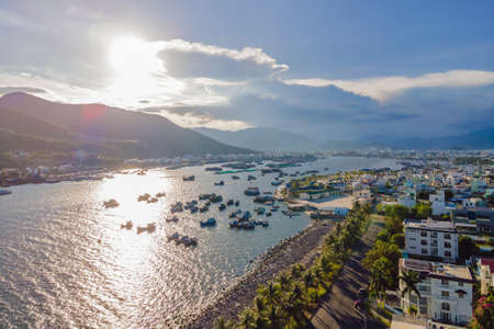 Mountains, river and city of Nha Trang, view from a droneの写真素材