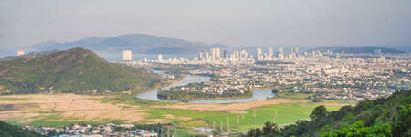 Mountains, river and city of Nha Trang, view from a drone BANNER, LONG FORMAT