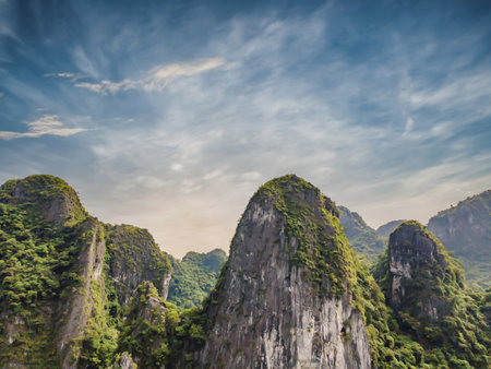 Aerial view panorama of floating fishing village and rock island, Halong Bay, Vietnam, Southeast Asia.の写真素材