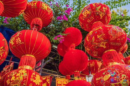 Decoration item for Lunar new year with text Happy new year in Vietnamese and wishes of all the bestの写真素材