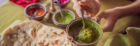 Caucasian Woman Eating Indian Food in Cafe. Traditional Indian dish. Indian food. Close-up BANNER,...