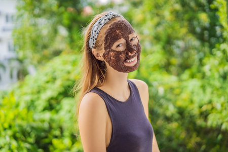 Young woman with algae facial mask against the background of the gardenの写真素材