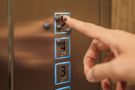 Hand finger press button in elevator with virus. Infection Control and Social distance concept