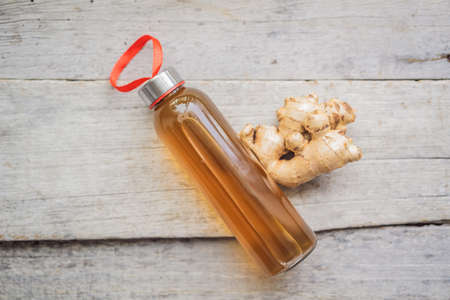 Ginger Ale - Homemade lemon and ginger organic probiotic drink or Kombucha, copy spaceの写真素材