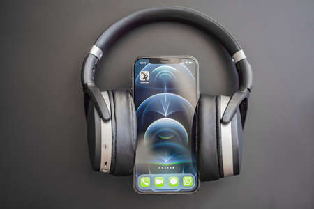 February 23, 2021, USA, New York: Clubhouse audio chat application view on the smartphone IPhone 12...