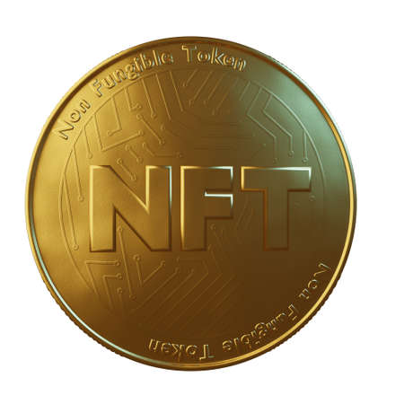 Nft - non fungible token concept. 3d render - Large coin with inscription NFTの写真素材
