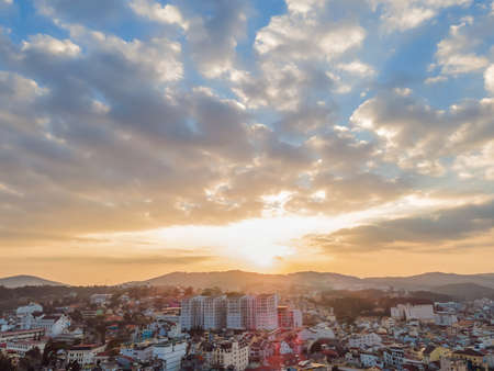 Aerial view of Dalat city. The city is located on the Langbian Plateau in the southern parts of the Central Highlands region of Vietnamの写真素材