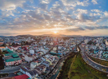 Aerial view of Dalat city. The city is located on the Langbian Plateau in the southern parts of the Central Highlands region of Vietnamの写真素材