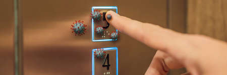 BANNER, LONG FORMAT Hand finger press button in elevator with virus. Covid-19 or Coronavirus in the...
