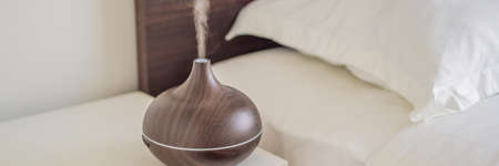 BANNER, LONG FORMAT Aromatherapy Concept. Wooden Electric Ultrasonic Essential Oil Aroma Diffuser...