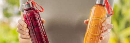 BANNER, LONG FORMAT Homemade Fermented Raw Kombucha Tea Ready to Drink With orange and and dragon...