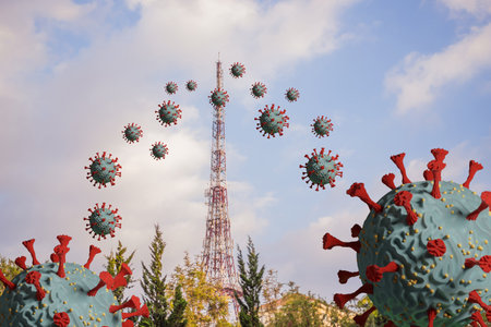 virus flies out of the 5g tower 3D imageの写真素材