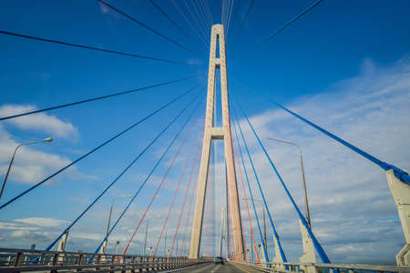 Cable-stayed bridge to Russian Island. Vladivostok. Russia. Vladivostok is the largest port on Russias Pacific coast and the center of APEC Forumの写真素材