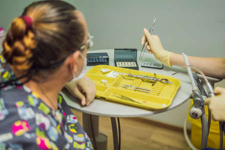 Equipment and dental instruments in dentists office. Tools close-up. Dentistryの写真素材