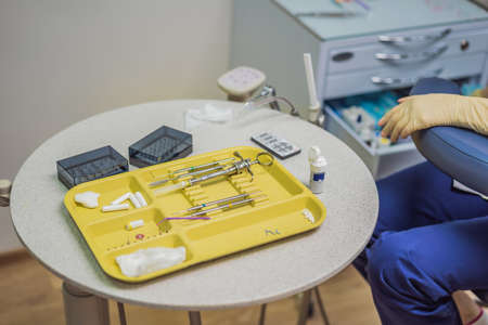 Equipment and dental instruments in dentists office. Tools close-up. Dentistryの写真素材