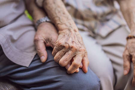 Elderly couple holding hands with love. Hand of an elderly woman holding the hand of an elderly manの写真素材
