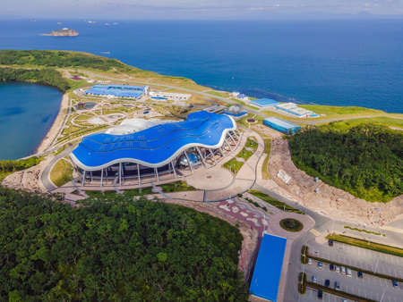 Vladivostok, Russia, 25.07.2021. Oceanarium on the island Russkiy in Vladivostok aerial viewのeditorial素材